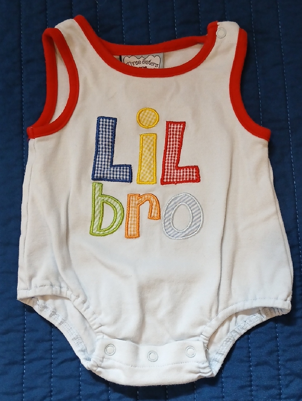 Three Sisters White "Lil Bro" Sleeveless Baby Bodysuit with Red Trim